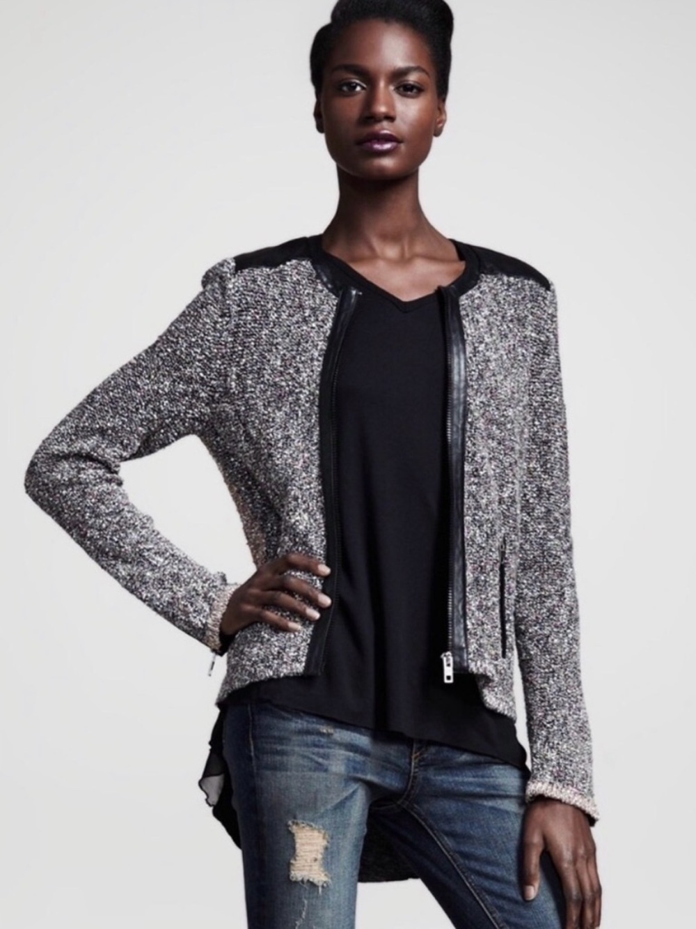 Rag & Bone Lory tweed moto jacket w/black lamb leather trim. Size M. GUC.